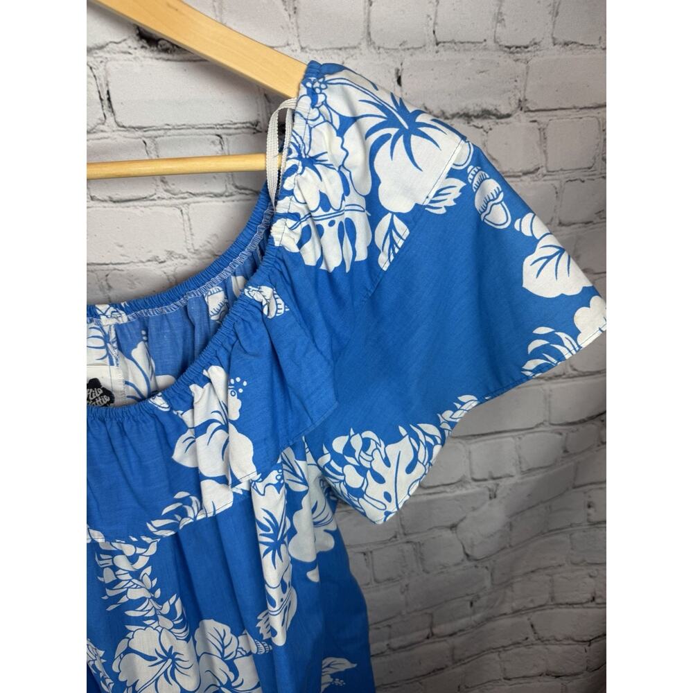 Hilo Hattie Hawaiian Dress XL Blue/white Floral Dress Off Shoulder Tiered - Picture 2 of 7